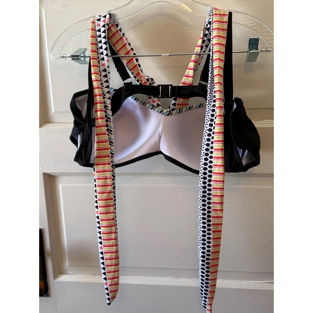 Geometric Womens Bikini Top Print Black Strappy Tie‎ Back Size XL swimwear